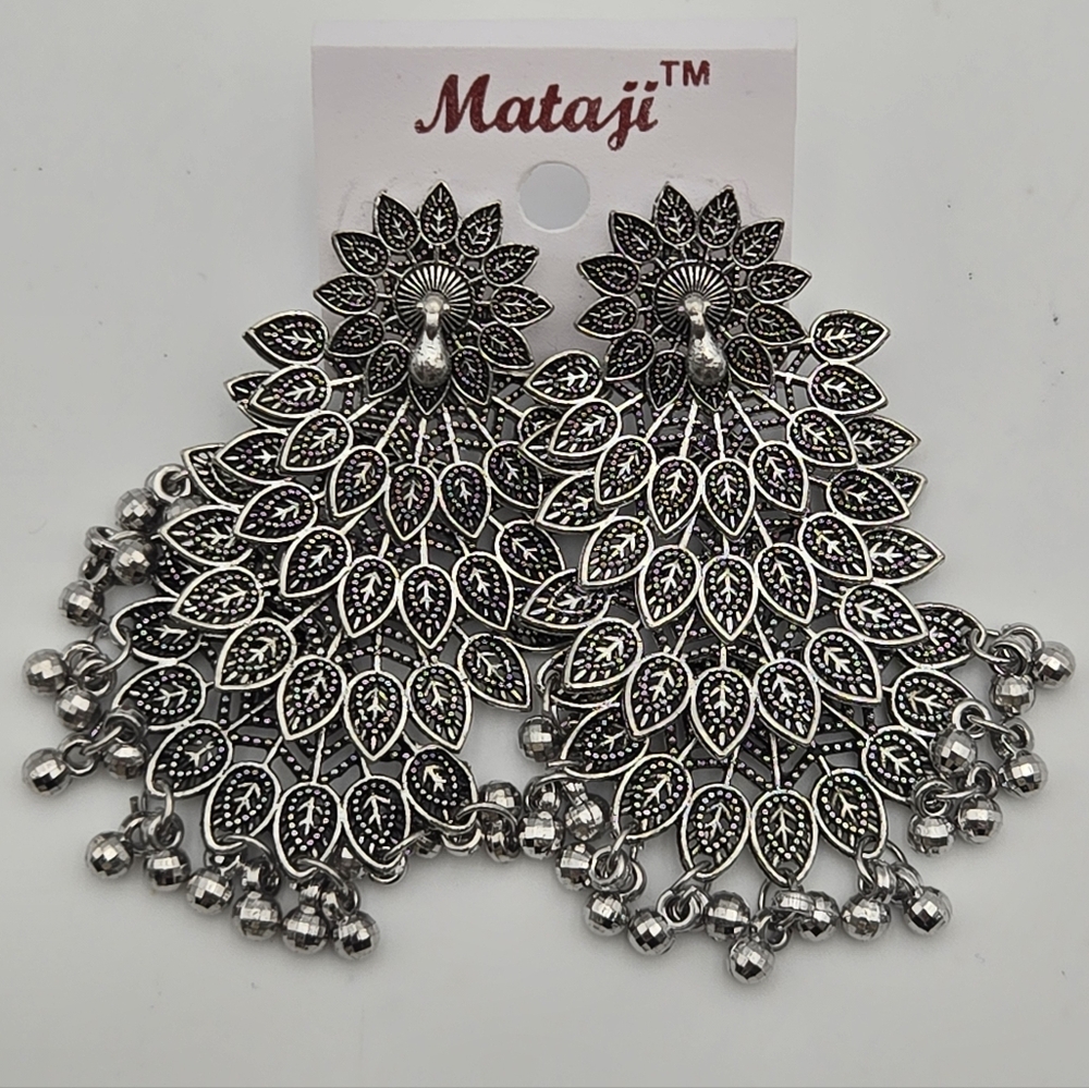 Peacock Post-Back Drop Earrings in Oxidized Silver-Plating by Mataji